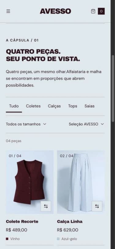 Um catálogo que continua legível no celular, com tamanhos junto às peças.
