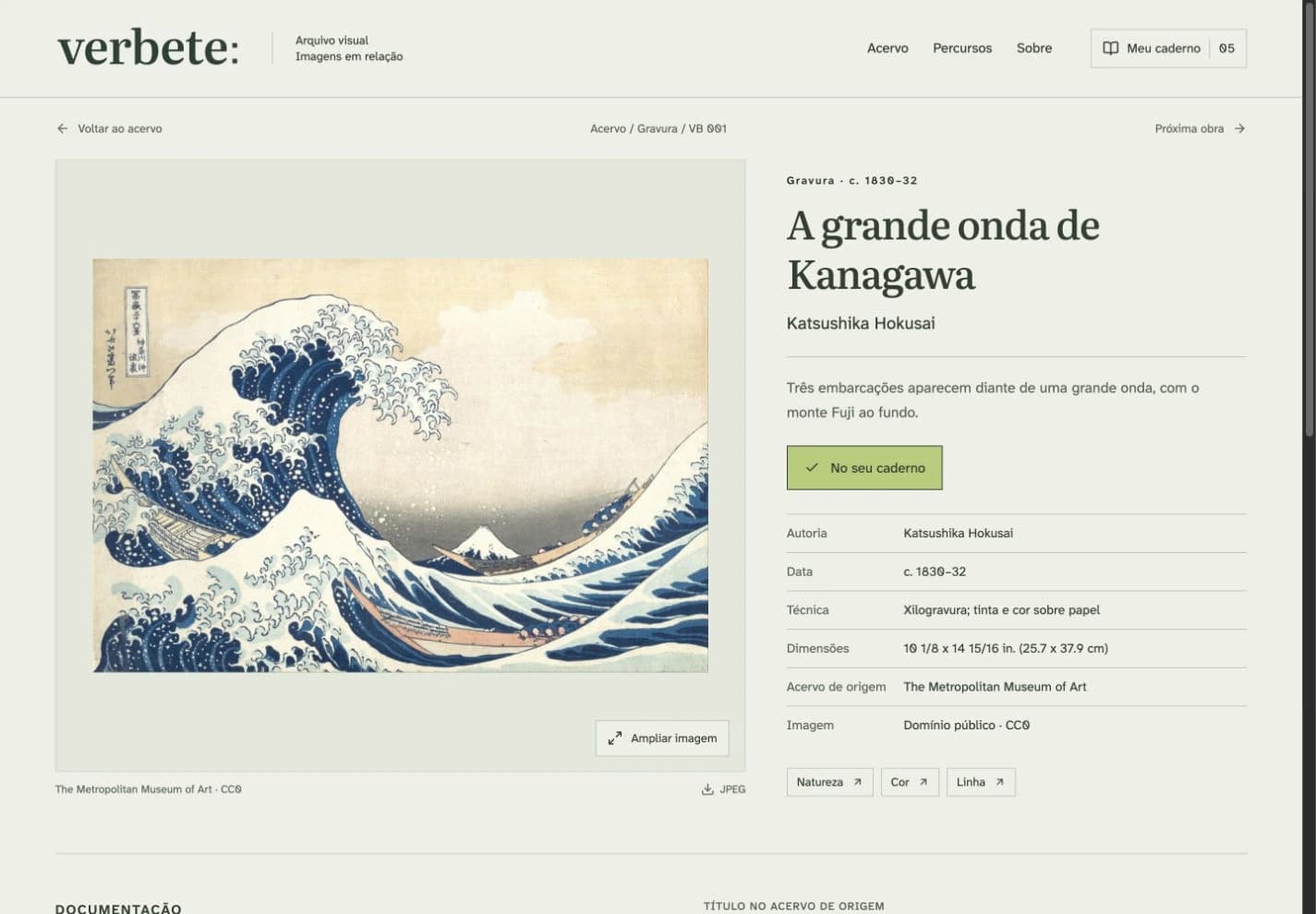 Cada imagem abre uma ficha com técnica, dimensões, crédito e acesso à fonte.
