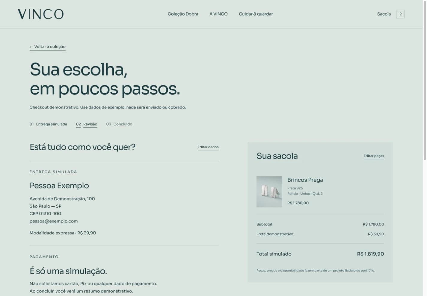 Uma revisão de compra legível, com valores e condições demonstrativos.
